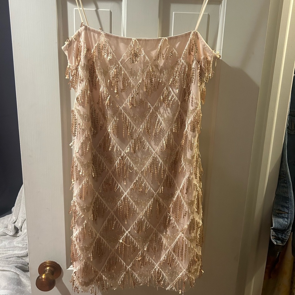 Showpo sequin gold fringe mini dress